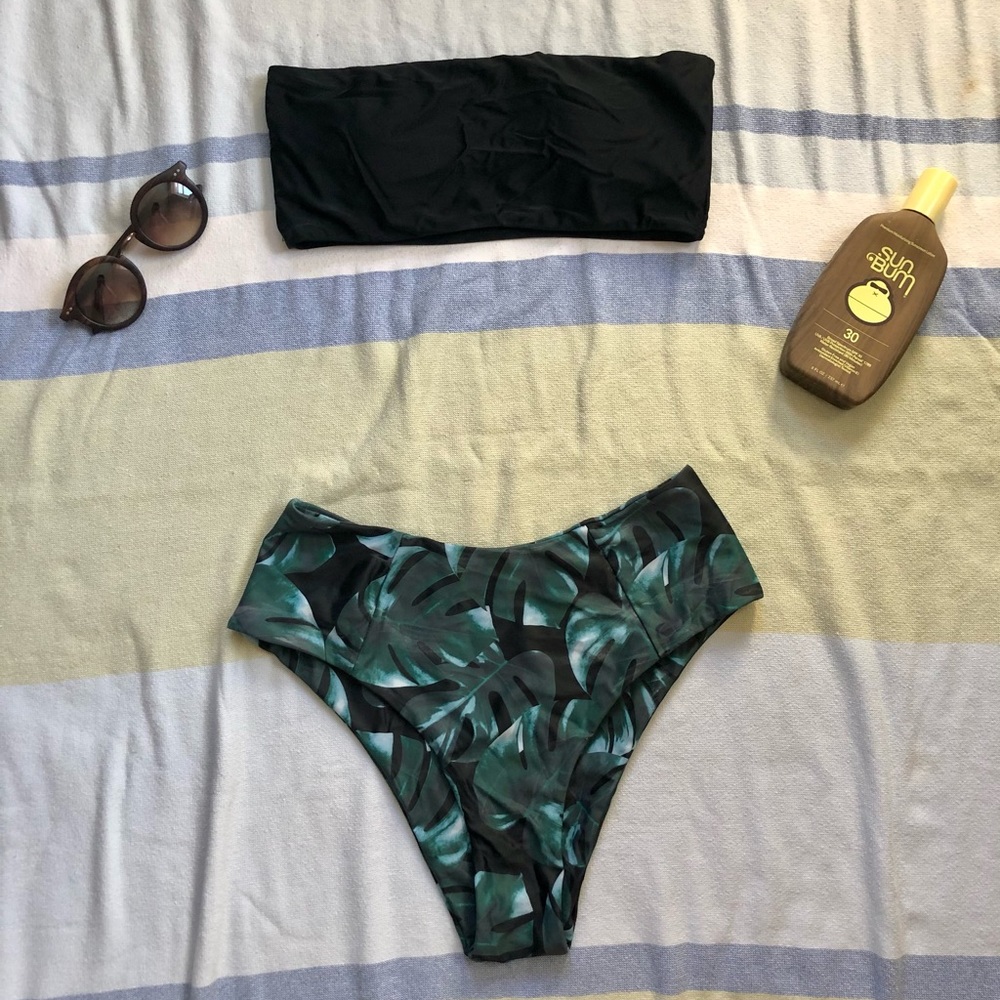 High Waisted Bandeau Bikini Floral Leaf Black